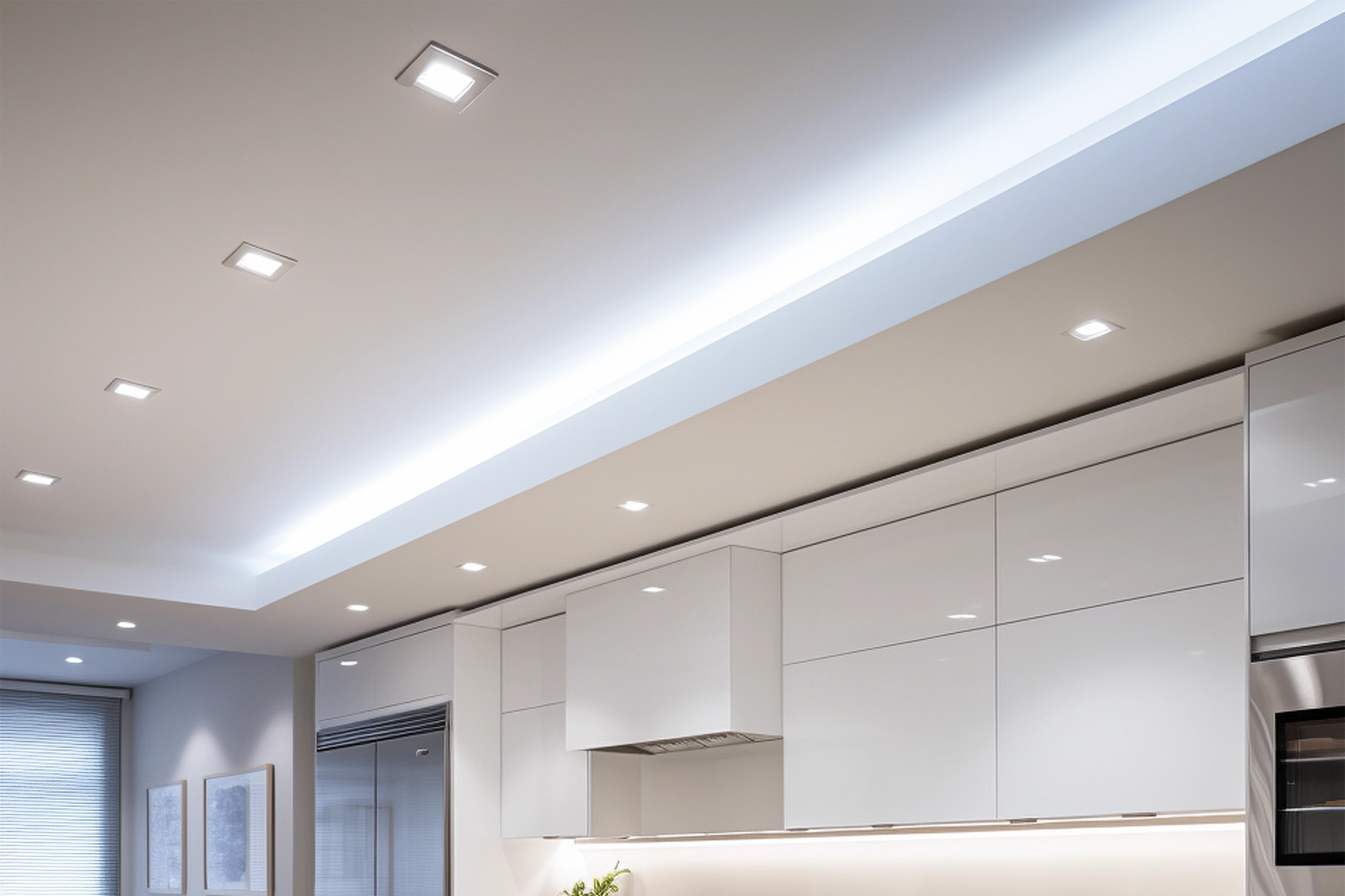 Cozinha moderna com Forro de Drywall e iluminação embutida.